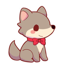 Cute Hand-Drawn Chibi Wolf with Ribbon &ndash; Fairytale Style Illustration on White Background
