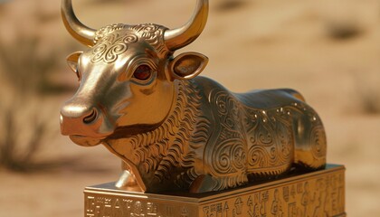 Dramatic Golden Calf Idol Sculpture with Sunlit Details and Sharp Shadows Outdoors