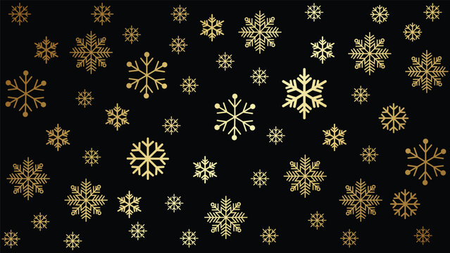 Seamless, elegant winter background featuring various sizes of golden snowflakes scattered across a deep black background. Luxurious vector pattern ideal for high-end Christmas, New Year, holiday prom