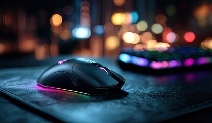 A gaming mouse and keyboard illuminate on a desk with blurred city lights