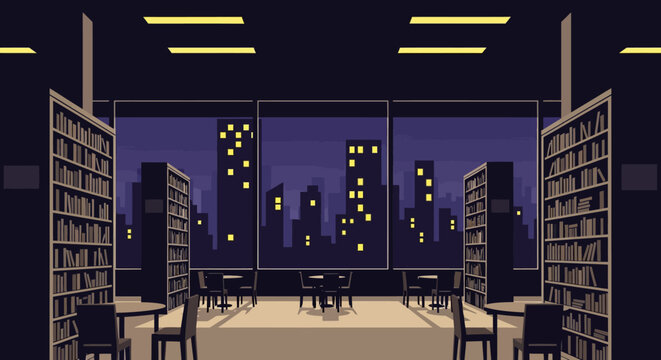 Serene pixel art library interior at night, overlooking a luminous urban skyline, offering a quiet, contemplative space for study and reading