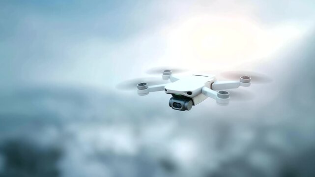 Military drone flying in sky defocused over clouds, faceless aerial mission, flight visualization detail, blurred atmospheric background, reconnaissance concept, UAV interface, pat