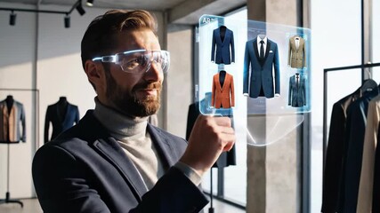Man stylist uses augmented reality glasses choosing digital suits. Virtual fashion experience with smart technology for retail future.