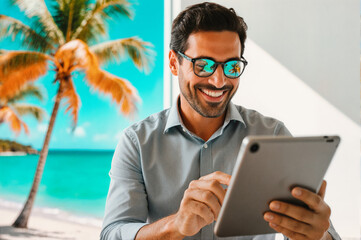 A smiling man wearing sunglasses and a gray shirt uses a tablet computer, with a tropical beach scene featuring palm trees and turquoise water in the background.