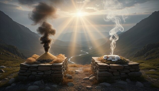 Cain and Abel: Offerings of Harvested Grains and Lambs, Divine Presence in Smoky Dawn Atmosphere