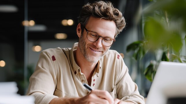Smiling man writes notes in a bright office during a productive work session