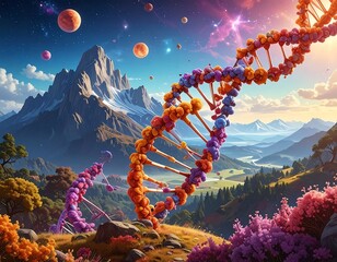 Double helix structure emerges from mountainous terrain under a celestial sky.