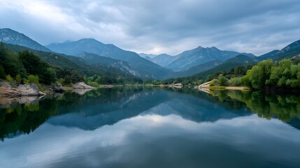 Fototapeta premium Serene mountain reservoir reflects heavily clouded sky across calm water surface