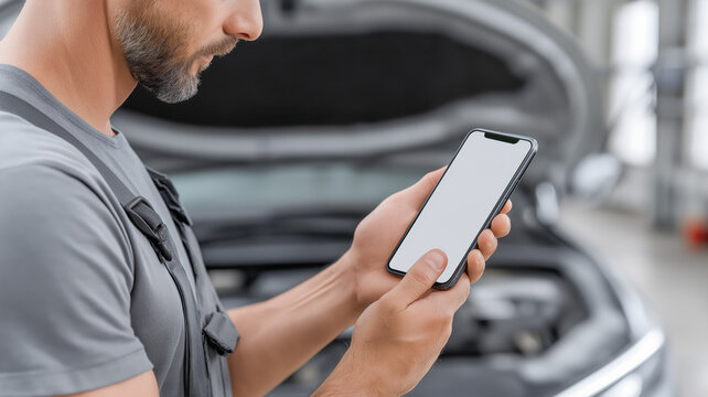 Auto mechanic standing in front of a car with an open hood, looking at a blank smartphone or tablet screen. Concept of diagnostics, technology, and modern repair.