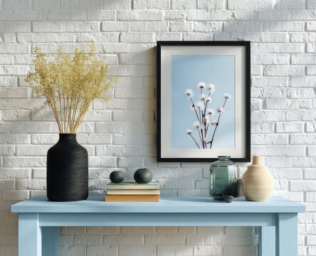 Still life with a framed botanical print on a table against a brick wall