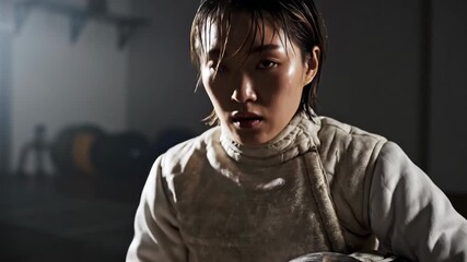 Woman fencer sitting exhausted and emotional after a match, holding a mask. Cinematic sports footage of a strong caucasian female athlete in a gym. - Powered by Adobe