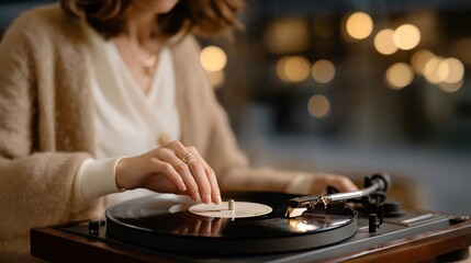 Hand adjusting the needle on a vintage record player with warm ambient light — concept of retro music appreciation, nostalgic lifestyle, and analog sound aesthetics photography. cinematic color
