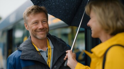Bus passenger offering an umbrella to another person caught in sudden rain, both smiling in gratitude, highlighting spontaneous acts of kindness, urban empathy, and small gestures that brighten