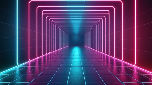 A futuristic corridor illuminated by vibrant neon lights, creating a striking visual effect with reflections on the tiled floor. - Powered by Adobe