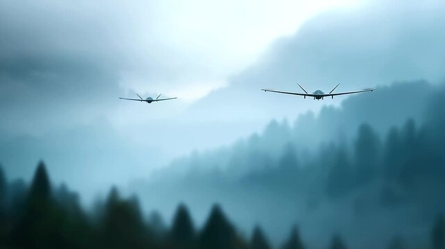 Military drones soaring amid tactical defocused misty landscape, faceless combat operations, aerial visualization detail, blurred foggy background, warfare concept, military interf