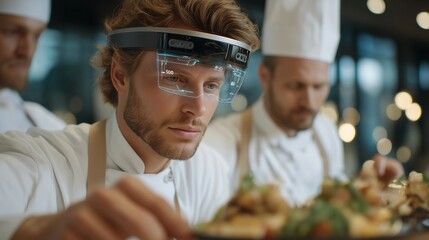 Chefs from different cultures collaborating in virtual kitchen with holographic ingredients, creating fusion cuisine dishes — concept of culinary innovation, multicultural teamwork, and