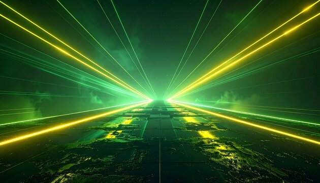 Perspective of green and yellow light trails over a textured surface leading to the horizon