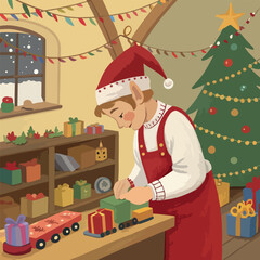 🎄 Dedicated Elf Working Late in Santa's Workshop Wrapping Gifts and Making Toys 🎁
