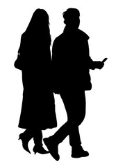 Silhouette of couple walking. Wear warm clothes. Side view. Black vector illustration isolated on white background.