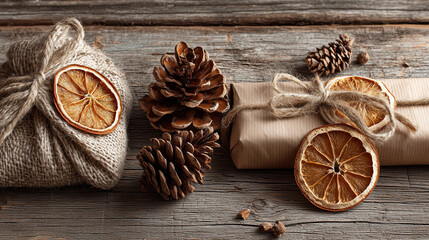 Eco-friendly gift wrapping with natural materials and rustic holiday style. Flat lay of eco-friendly gift wrapping with kraft paper, dried orange slices, jute twine, pine cones. Christmas theme.