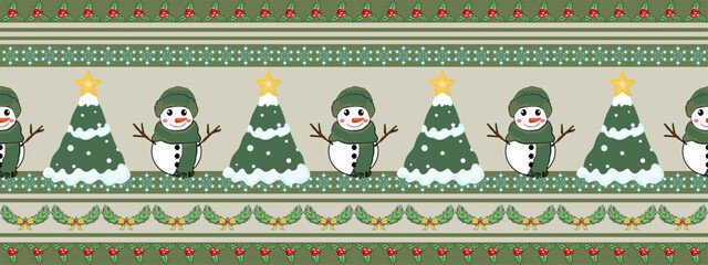 A festive holiday pattern featuring cheerful snowmen and decorated Christmas trees, perfect for seasonal crafts and decorations.