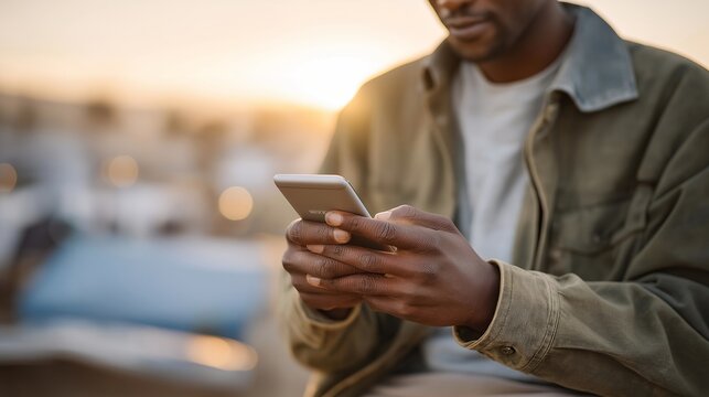 Close-up of hands holding mobile phone displaying fintech interface in refugee camp environment, emphasizing digital empowerment, secure financial access, and innovation in humanitarian fintech - Powered by Adobe