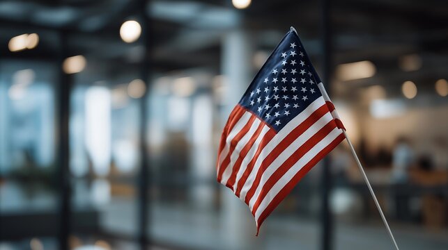 USA flag integrated into a digital holographic display inside a futuristic government or civic center, representing high-tech civic innovation, national symbolism, and modern public administration