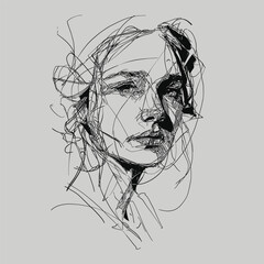 Expressive hand-drawn female portrait in abstract line art style. Modern minimalist vector illustration with artistic sketch texture