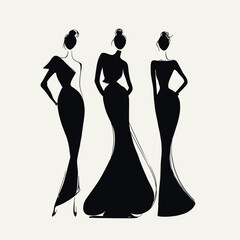 Minimalist vector set of three elegant female silhouettes in long dresses. Modern fashion illustration for design, beauty, and style projects