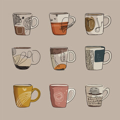 Modern set of hand-drawn coffee cups in boho minimalist style. Perfect for branding, packaging, cafe decor, and cozy design projects