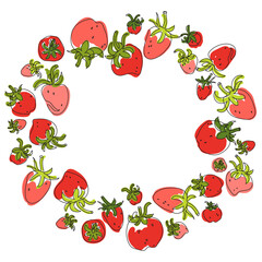 Strawberry frame with berries and leaves. Black outline. Copy space for text inside. Vector illustration.