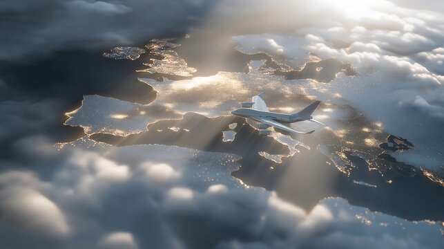 Cargo jet soaring above a holographic world map projected in the clouds — an abstract digital visualization symbolizing the interconnectedness of global trade, data-driven logistics, and the - Powered by Adobe