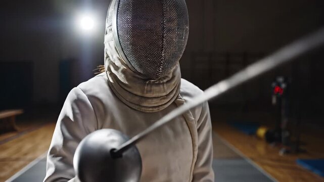 Fencer standing cinematic, woman on track holding epee. Professional fencing training or competition in dark gym with spotlight background.