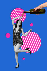 Vertical image 3d photo collage of happy girl dance nightclub bar occasion wine bottle beverage alcohol chill weekend relax