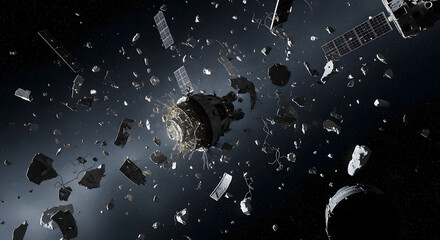 Debris Orbit: A dramatic scene of space wreckage. Scattered remnants of spacecraft, solar panels, and various components drift through the void, a testament to the risks of space exploration.