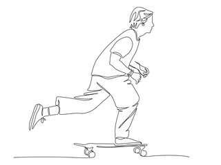Young man skateboarding. Side view. Continuous line drawing. Black and white vector illustration in line art style. Editable stroke.