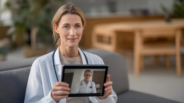 Close-up of tablet screen showing compassionate doctor-patient interaction in telemedicine call, representing AI-driven healthcare innovation, online diagnosis, and accessibility in senior medical - Powered by Adobe