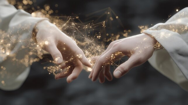 Close-up of scientists gesturing toward holographic particle interactions with complex 3D simulations — representing international teamwork, high-tech research, and virtual collaboration in