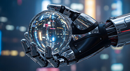 Digital Insight: A metallic robot hand cradles a reflective sphere, symbolizing innovation and technological advancement within a modern urban environment.