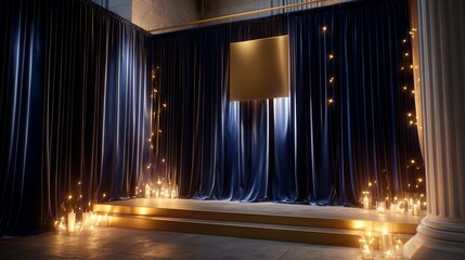 Fototapeta premium Elegant display featuring curtains, candles, and a golden backdrop in a grand setting