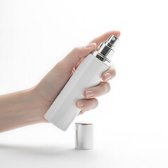 Hand holding a white spray bottle with silver pump dispenser