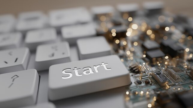 Macro shot of futuristic keyboard button reading “Start” surrounded by circuit reflections — representing innovation, productivity, and digital creativity concept. cinematic color correction,