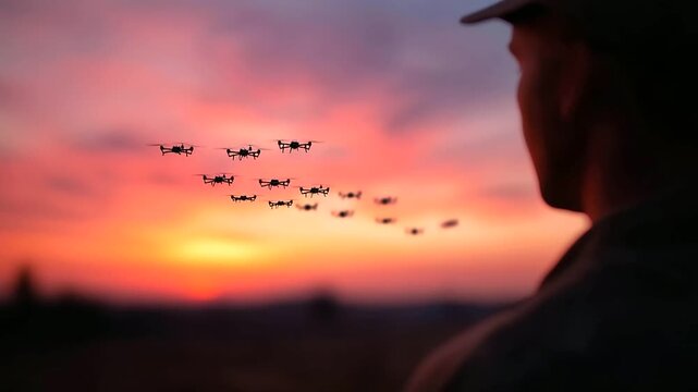 Soldier commanding drone swarm at defocused sunset, faceless futuristic warfare, silhouette visualization detail, blurred autonomous background, tactical concept, command interface