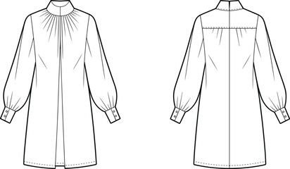 Long sleeve blouse flat sketch, gathered neckline tunic technical drawing, loose fit shirt design, fashion vector template for sewing pattern illustration