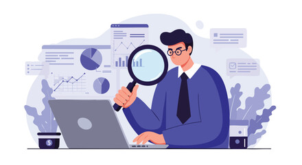 Professional meticulously examining market trends and financial reports using digital tools and detailed analytical insights