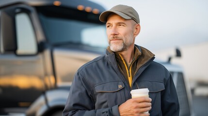 Truck driver starting his early morning routine at a quiet highway rest stop, sipping hot coffee beside his gleaming semi-truck as the sun begins to rise — a cinematic portrayal of dedication,