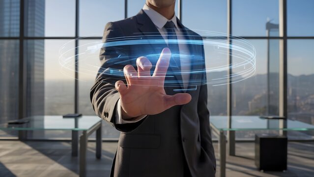 Businessperson Using Futuristic AI Interface  - Powered by Adobe