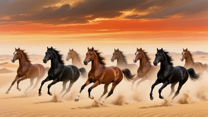 Naklejka premium noble horses galloping through misty mountains, Gongbi high court Chinese fine art painting