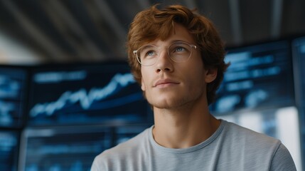 Young entrepreneur participating in online startup investment auction, holographic charts displaying equity shares and valuations — concept of innovative finance platforms, venture capital