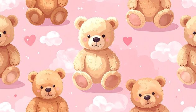 Repeating pattern of cartoon teddy bears and hearts on a light pink background with white specks